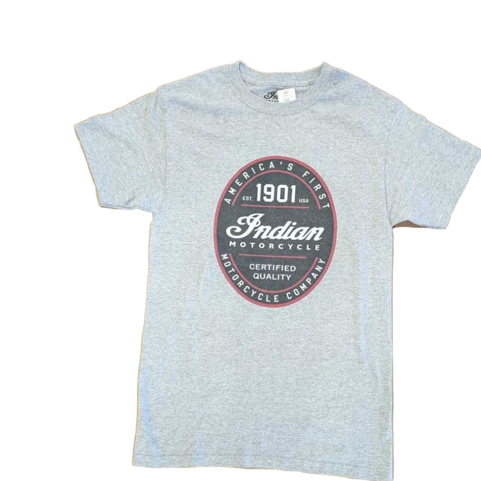 Gray t-shirt with Indian Motorcycle logo on a white background