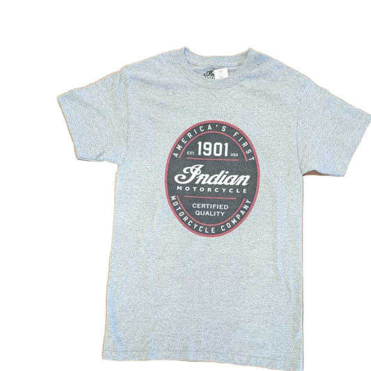 Gray t-shirt with Indian Motorcycle logo on a white background